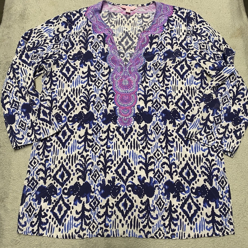 Lilly Pulitzer Renato Silk Tunic Top M Blue Pink Ikat Resort Beach V Neck Read